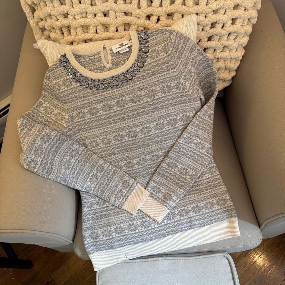 Vineyard Vines Gray Crew Neck Sweater with Nordic Pattern, Medium, Wool Cashmere